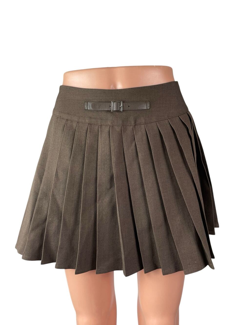 Cider Women's Brown Buckle Pleated High Waist Mini Skater Flare A-Line Skirt XS